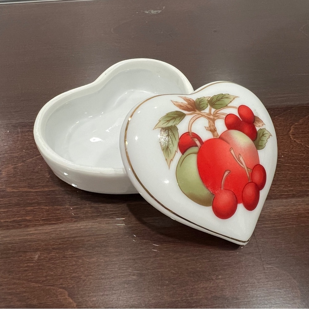 Vintage Heart-Shaped Ceramic Trinket Box with Fruit Design